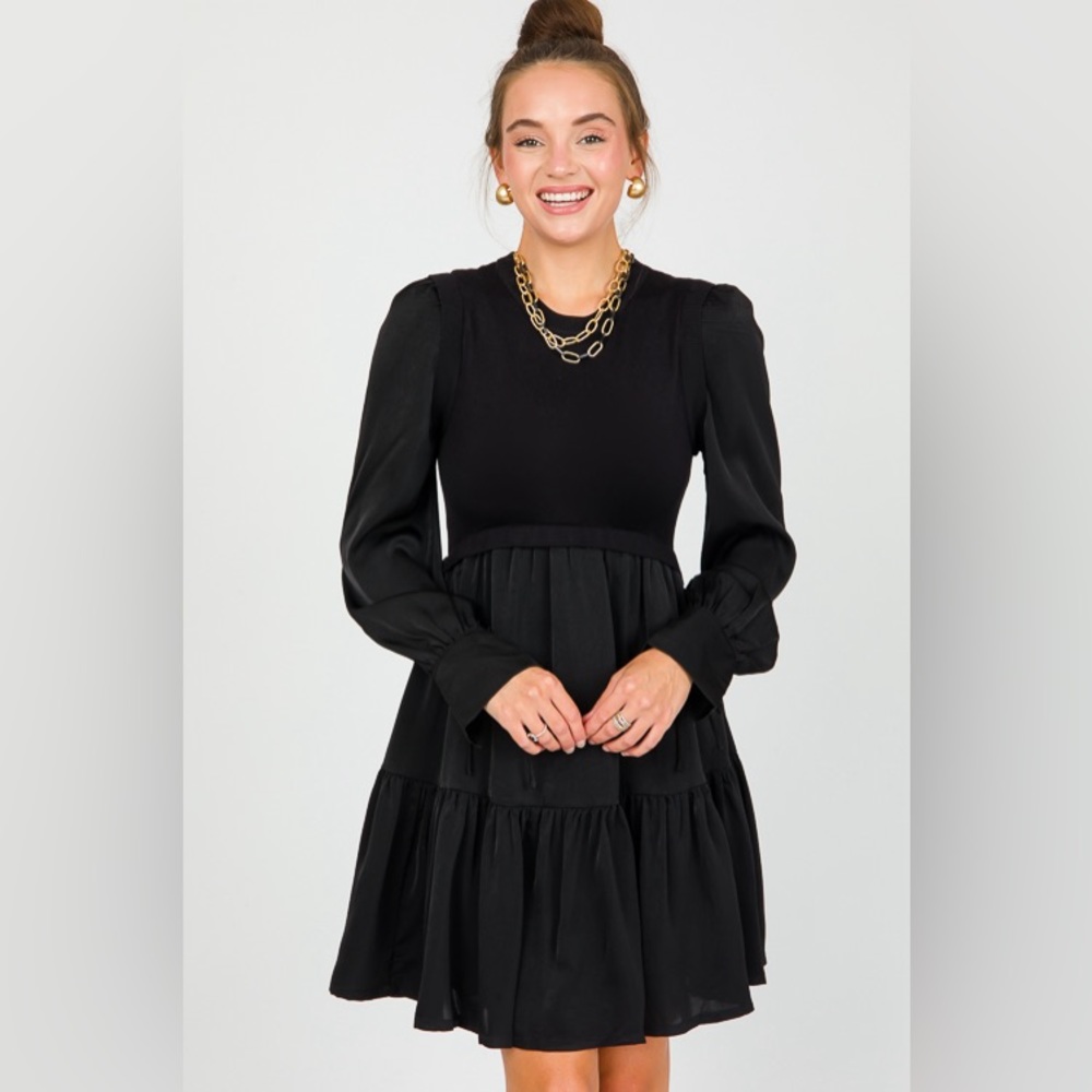 KNIT BODICE SATIN DRESS, BLACK